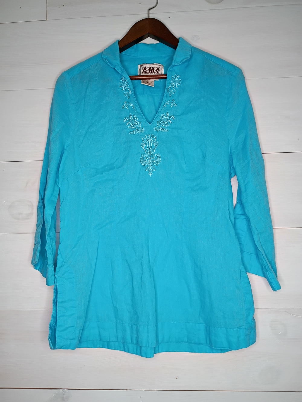 AMX Linen Blend Embroidered Tunic Top Size M Turquoise Blue 3/4 Sleeve V-Neck